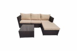 Lovisa 3 Seater Rattan Brown/Beige Garden Sofa Set With Large Stool And Coffee Table