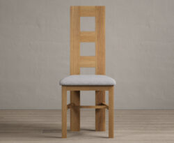 Natural Solid Oak Flow Back Dining Chairs with Light Grey Fabric Seat Pad