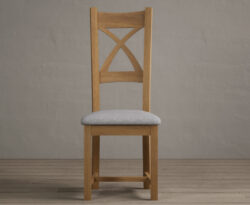 Natural Solid Oak X Back Dining Chairs with Light Grey Fabric Seat Pad
