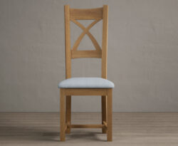 Natural Solid Oak X Back Dining Chairs with Sky Blue Fabric Seat Pad
