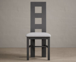 Painted Charcoal Grey Flow Back Dining Chairs with Light Grey Fabric Seat Pad
