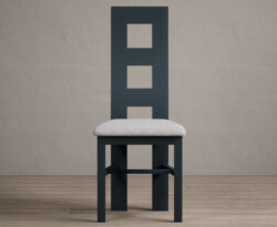 Painted Dark Blue Flow Back Dining Chairs with Light Grey Fabric Seat Pad