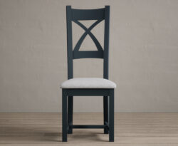 Painted Dark Blue X Back Dining Chairs with Light Grey Fabric Seat Pad
