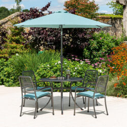 Prats Outdoor Dining Table With 4 Chairs And Parasol In Jade