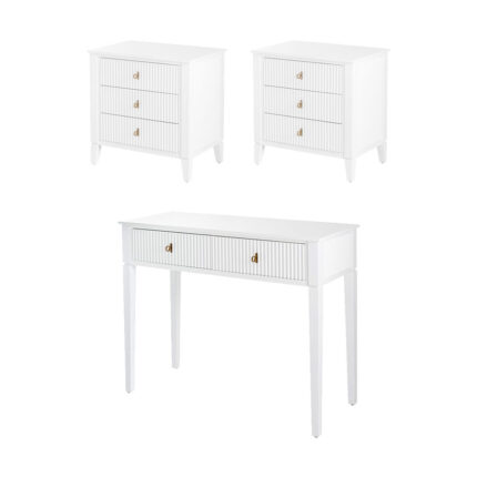 Set 2 x Heidi bedside tables and dressing console -White -Brass/Silver