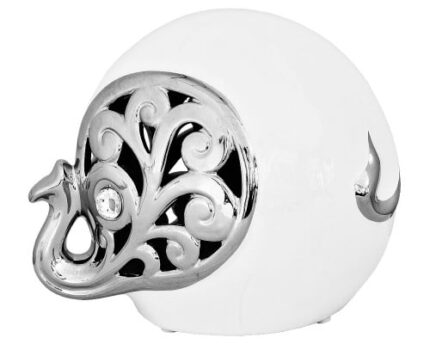 White And Silver Elephant Sculpture With Curled Trunk