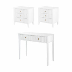 Set of 2 Heidi bedside tables and dressing console -White -Brass/Silver
