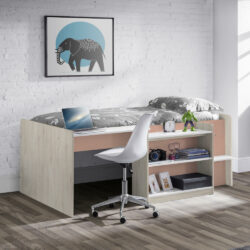 Neptune - Single - Kids Mid Sleeper Bed - Cabin Bed - Storage and Desk - Pastel Pink - Wooden - 3ft - Happy Beds