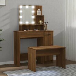 Arles Wooden Dressing Table Set In Brown Oak With LED