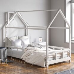 167cm W House Bed Frame Wood Toddler Bed with Safety Guard Fence