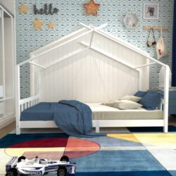 206cm W Nordic Style Pine Wood Bed Frame Toddler Kid Single Bed with Roof