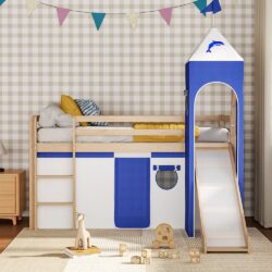 7ft Pine Wood Castle Loft Bed Children Low Bed Frame with Slide and Tent