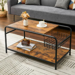 90cm W Industrial Wooden Coffee Table with Wire Basket Storage Top