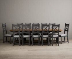 Atlas 180cm Oak and Charcoal Grey Extending Dining Table With Light Grey 6 X Back Chairs