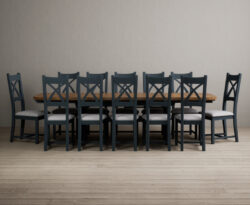 Atlas 180cm Oak and Dark Blue Extending Dining Table With Light Grey 6 X Back Chairs