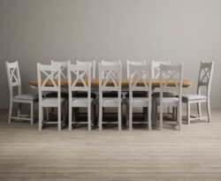 Atlas 180cm Oak and Soft White Extending Dining Table With Light Grey 6 X Back Chairs