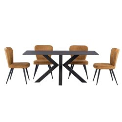 Cielo Black Stone Dining Table With 6 Finn Mustard Chairs