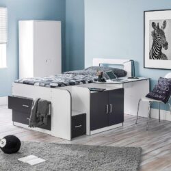 Cookie - Single - Kids Cabin Bed - Desk and Storage - Grey and White - Wooden - 3ft - Happy Beds