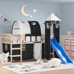 Destin Pinewood Kids Loft Bed In Natural With White Black Tower