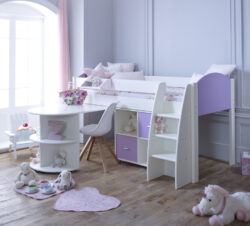 Eli - White and Lilac Kids Mid Sleeper Bed - Desk and Shelving Unit - Wooden - 3ft - Happy Beds