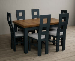 Hampshire 140cm Oak and Dark Blue Extending Dining Table With Light Grey 6 Flow Back Chairs