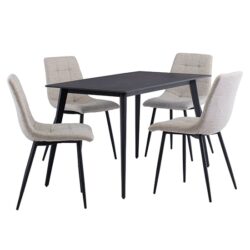 Iris Black Stone Dining Table With 4 Ebele Linen Chairs