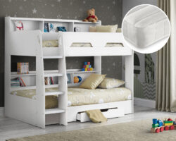 Orion/Noah - Single - Bunk Bed with Storage and Open Coil Spring Memory Foam Mattress Included - White - Wooden/Fabric - 3ft - Happy Beds