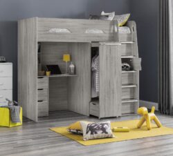 Pegasus - Single - Kids High Sleeper Bed - Wardrobe - Desk and Storage - Grey Oak - Wooden - 3ft - Happy Beds