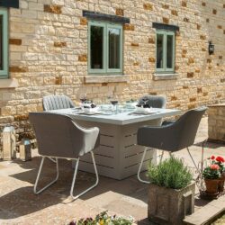 Salcombe Outdoor Living Patterned Square Dining Table with Firepit & 4 Light Grey Chairs