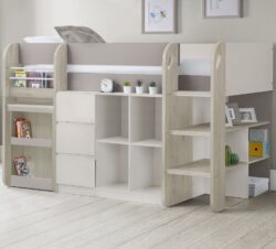 Saturn - Single - Kids Mid Sleeper Bed - Storage and Desk - Brown and White - Wooden - 3ft - Happy Beds
