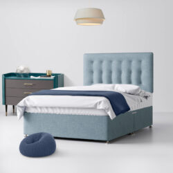 Small Single - Divan Bed and Cornell Buttoned Headboard - Duck Egg Blue - Fabric - 2ft6 - Happy Beds