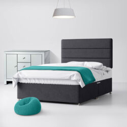 Small Single - Divan Bed and Cornell Lined Headboard - Dark Grey - Charcoal - Fabric - 2ft6 - Happy Beds