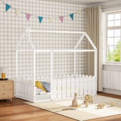 Solid Wooden House Bed Frame Low Toddler Bed with Fence and Roof