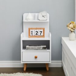 White Wooden Bedside Table with Wooden Legs and Drawers