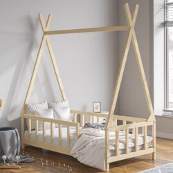 Wood House Bed Frame Low Platform Kids Bed with Safety Fence