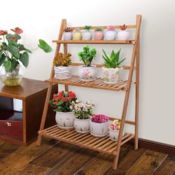 3-Tier Foldable Plant Stand Wooden Ladder Shelf Natural/White