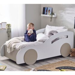Abana Wooden Children Car Bed In White And Taupe