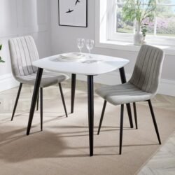 Arta Square White Wooden Dining Table 2 Light Grey Straight Chairs