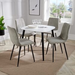 Arta Square White Wooden Dining Table 4 Light Grey Straight Chairs