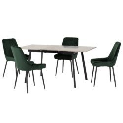 Avah Extending Concrete Dining Table With 4 Green Chairs