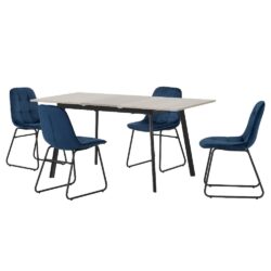 Avah Extending Concrete Dining Table With 4 Lyster Blue Chairs