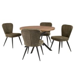 Cadott Wooden Dining Table Round With 4 Finn Olive Chairs