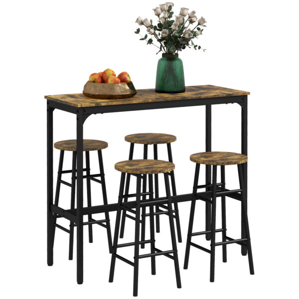 HOMCOM 5 Piece Bar Table Set with 4 Stools, Industrial Bar Table and Stool Set, Dining Table and Chair Set, Rustic Brown Aosom UK
