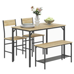 HOMCOM Dining Room Sets with 2 Chairs and a Bench, Dining Table and Chairs Set with Steel Frame and Storage Layer, Natural Wood Aosom UK