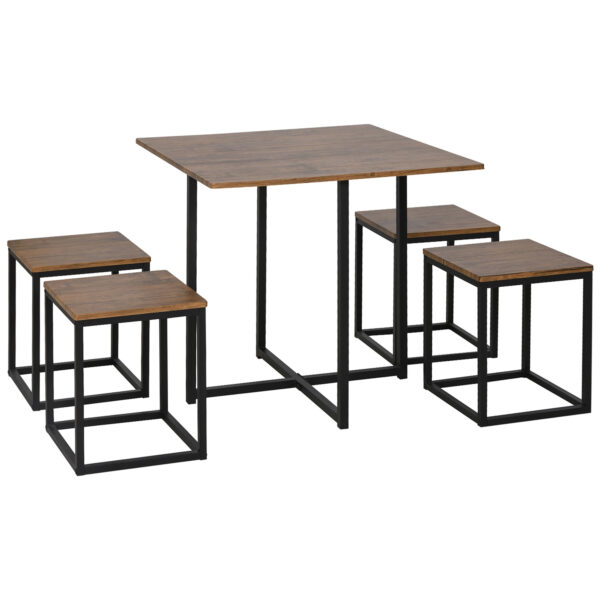 HOMCOM Table with 4 Chairs with Metal Frame, Compact Square Seating, Dining Room Sets, 5 Piece Industrial Dining Set, Brown Aosom UK