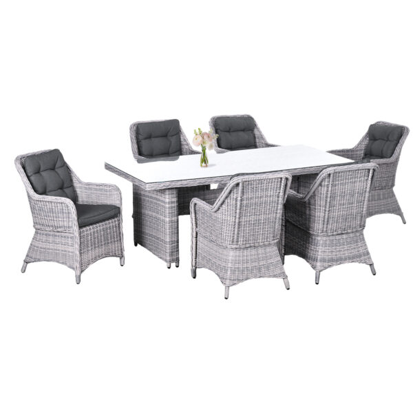 Outsunny 7 PCS Outdoor PE Rattan Dining Table Set, Patio Wicker Aluminium Chair Furniture w/ Tempered Glass Table Top, Grey
