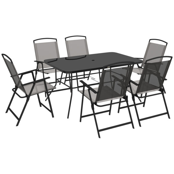 Outsunny 7 Pieces Metal Garden Furniture Set with Folding Chairs, Patio Dining Set, 6 Seater Outdoor Table and Chairs with Tempered Glass Top, Grey