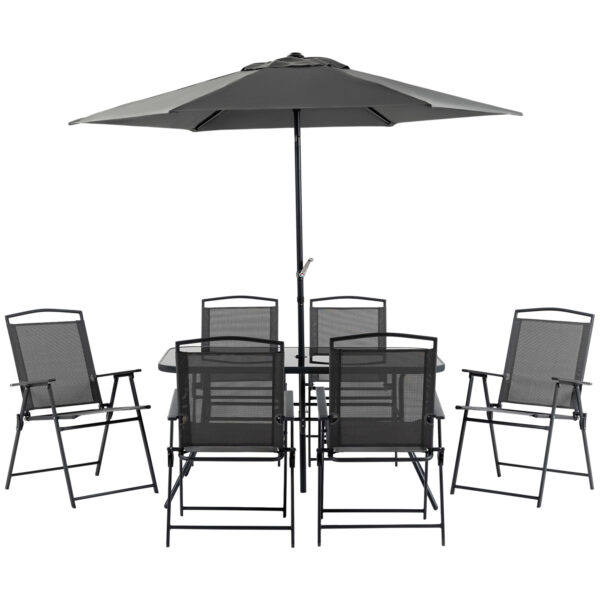 Outsunny 8 Pieces Metal Garden Furniture Set with Parasol and Folding Chairs, Patio Dining Set, 6 Seater Outdoor Table and Chairs with Tempered Glass Top, Black
