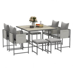 Outsunny 9 Piece Garden Dining Set, Cube Outdoor Garden Furniture Set with Cushions, 8 Seater Garden Table and Chairs with 4 Stools, Square PSPC Plastic Top Table, Side Pockets for Patio, Grey