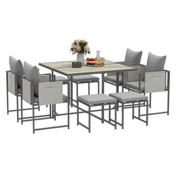 Outsunny 9 Piece Garden Dining Set, Cube Outdoor Garden Furniture Set with Cushions, 8 Seater Garden Table and Chairs with 4 Stools, Square PSPC Plastic Top Table, Side Pockets for Patio, Grey